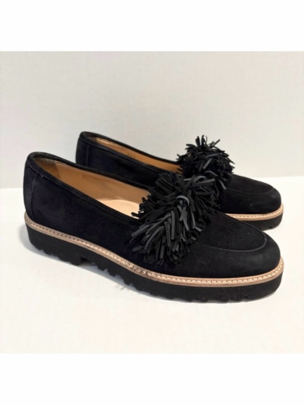Ron White Skylar Fringe Loafers Size 36.5 Black Suede Leather Vibram Soles